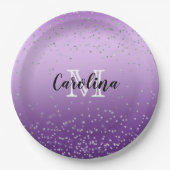 Silver Confetti Paars Ombre monogram Papieren Bordje (Voorkant)