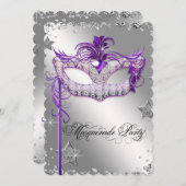 Silver Confetti Paarse Masquerade Party Invitation Kaart (Voorkant / Achterkant)