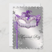 Silver Confetti Paarse Masquerade Party Invitation Kaart (Voorkant)