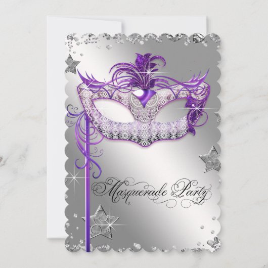 Silver Confetti Paarse Masquerade Party Invitation Kaart (Voorkant)
