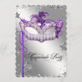Silver Confetti Paarse Masquerade Party Invitation Kaart