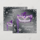 Silver Confetti Paarse Masquerade Party Invitation Kaart (Voorkant / Achterkant)
