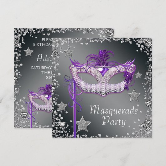 Silver Confetti Paarse Masquerade Party Invitation Kaart (Voorkant / Achterkant)