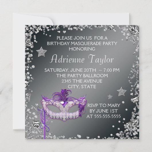 Silver Confetti Paarse Masquerade Party Invitation Kaart (Achterkant)