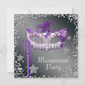 Silver Confetti Paarse Masquerade Party Invitation Kaart (Voorkant)