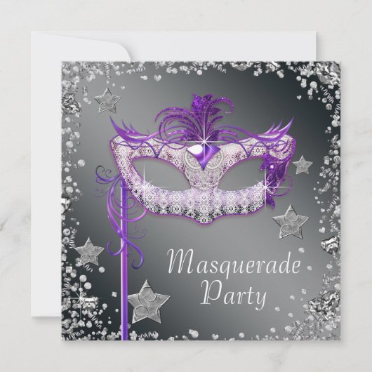 Silver Confetti Paarse Masquerade Party Invitation Kaart (Voorkant)