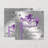Silver Confetti Paarse Masquerade Party Invitation Kaart (Voorkant / Achterkant)