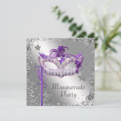 Silver Confetti Paarse Masquerade Party Invitation Kaart (Staand voorkant)