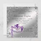 Silver Confetti Paarse Masquerade Party Invitation Kaart (Achterkant)