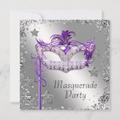 Silver Confetti Paarse Masquerade Party Invitation Kaart (Voorkant)