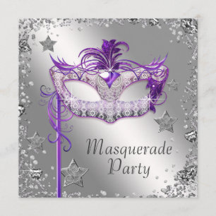 Silver Confetti Paarse Masquerade Party Invitation Kaart