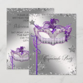 Silver Confetti Paarse Masquerade Party Kaart (Voorkant / Achterkant)