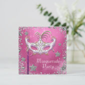 Silver Confetti Pink Black Masquerade Party Kaart (Staand voorkant)