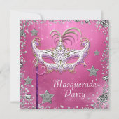Silver Confetti Pink Black Masquerade Party Kaart (Voorkant)