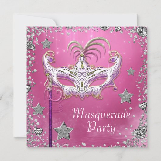 Silver Confetti Pink Black Masquerade Party Kaart (Voorkant)