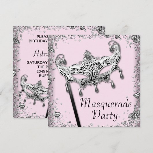 Silver Confetti Pink Black Masquerade Party Kaart (Voorkant / Achterkant)