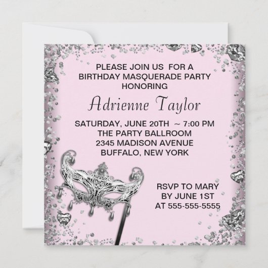 Silver Confetti Pink Black Masquerade Party Kaart (Achterkant)