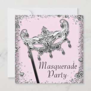 Silver Confetti Pink Black Masquerade Party Kaart