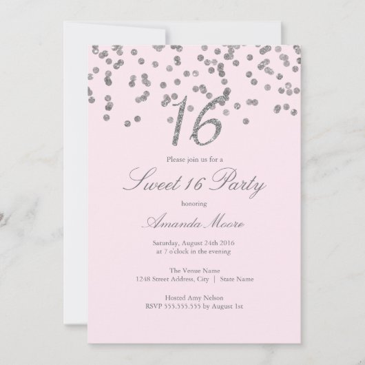 Silver Confetti Pink Sweet Sixteen Invitation Kaart (Voorkant)