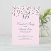 Silver Confetti Pink Sweet Sixteen Invitation Kaart (Staand voorkant)