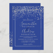 Silver confetti royal blue typografie bruiloft kaart (Voorkant / Achterkant)