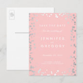 Silver Confetti Roze Elegant Save the Date Aankondigingskaart (Voorkant / Achterkant)