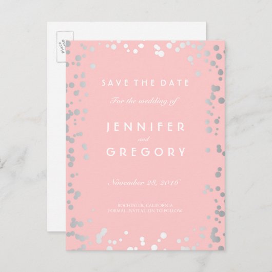 Silver Confetti Roze Elegant Save the Date Aankondigingskaart (Voorkant / Achterkant)