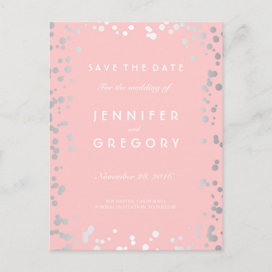 Silver Confetti Roze Elegant Save the Date Aankondigingskaart (Voorkant)