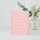 Silver Confetti Roze Elegant Save the Date Aankondigingskaart (Staand voorkant)