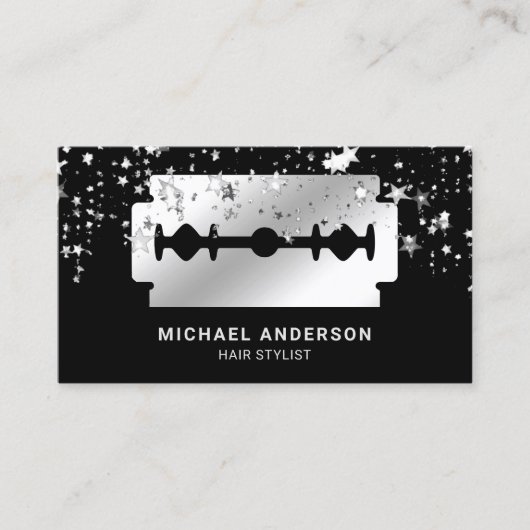 Silver Confetti Steel Razor Blade Hair Stylist Visitekaartje (Voorkant)
