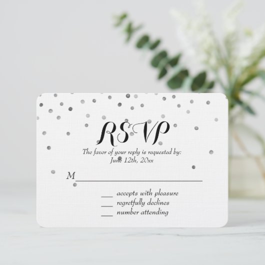 Silver Confetti Stippen Bruiloft RSVP (Staand voorkant)