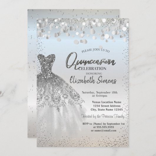 Silver Confetti Stippen, Chic Dress Quinceañera Kaart (Voorkant / Achterkant)