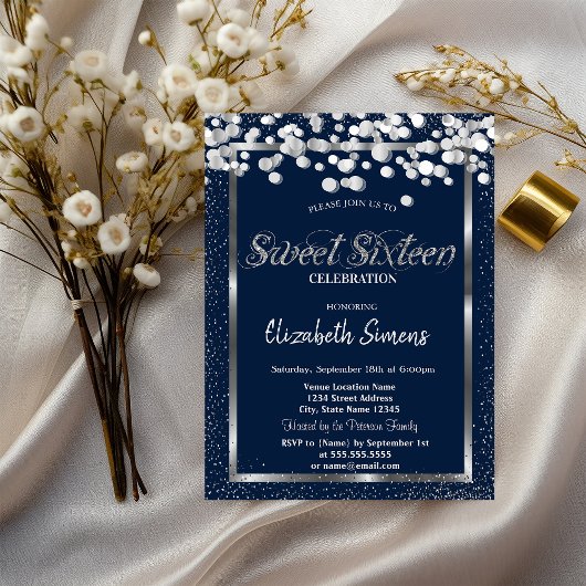 Silver Confetti Stippen Navy Blue Sweet 16 Kaart