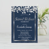 Silver Confetti Stippen Navy Blue Sweet 16 Kaart (Staand voorkant)