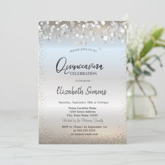 Silver Confetti Stippen Princess Silver Quinceañer Kaart (Staand voorkant)