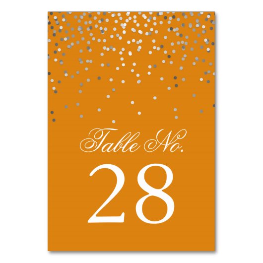 Silver Confetti Stippen Sinaasappel Trouwtafel Num Kaart (Voorkant)