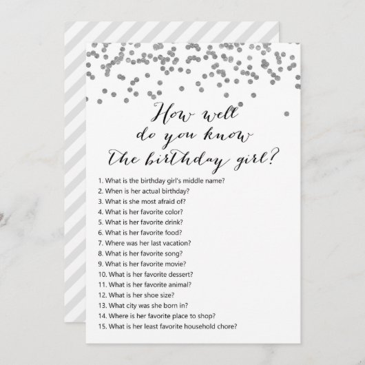 Silver Confetti Verjaardag - Wie kent Verjaardagsm Kaart (Voorkant / Achterkant)