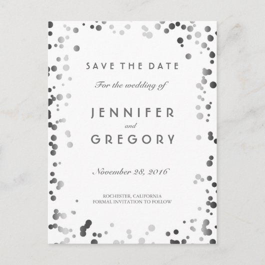 Silver Confetti White Elegant Save the Date Aankondigingskaart (Voorkant)