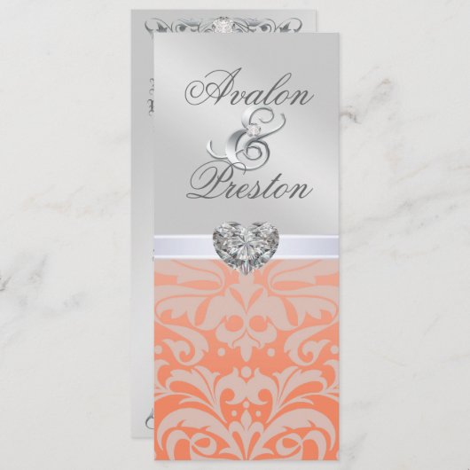 Silver Coral Diamond Damask Wedding Invitation Kaart (Voorkant / Achterkant)