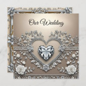 Silver & Cream Elegance: Diamond Heart Wedding Inv (Voorkant / Achterkant)