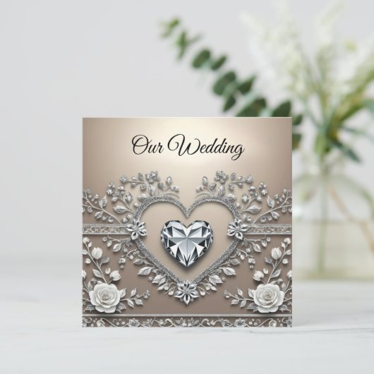 Silver & Cream Elegance: Diamond Heart Wedding Inv (Staand voorkant)