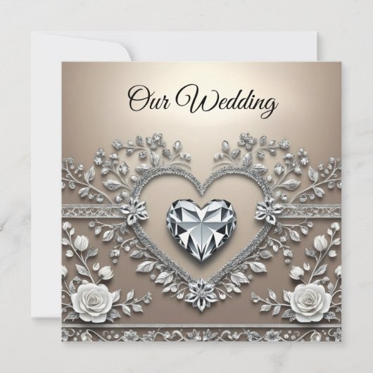 Silver & Cream Elegance: Diamond Heart Wedding Inv (Voorkant)