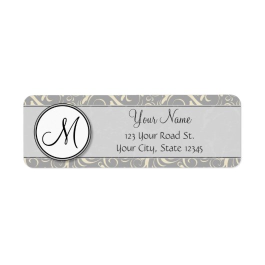 Silver Cream Floral Wisps & Stripes met monogram Etiket (Voorkant)