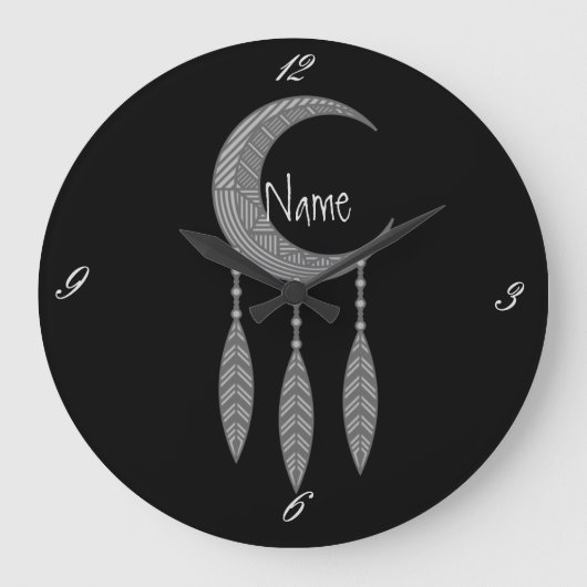 Silver Crescent Moon Feathers Thunder_Cove Grote Klok (Voorkant)