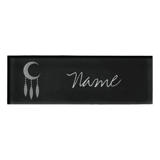 Silver Crescent Moon Feathers Thunder_Cove Naambadge (Voorkant)