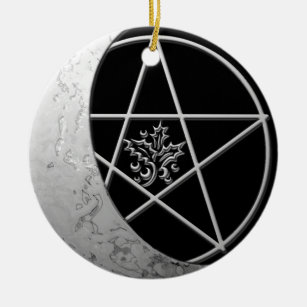 Silver Crescent Moon & Pentacle #7 Keramisch Ornament