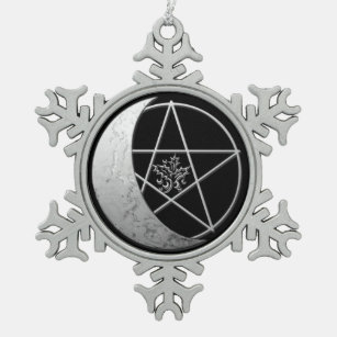 Silver Crescent Moon & Pentagram Pewter Keepomwill Tin Sneeuwvlok Ornament