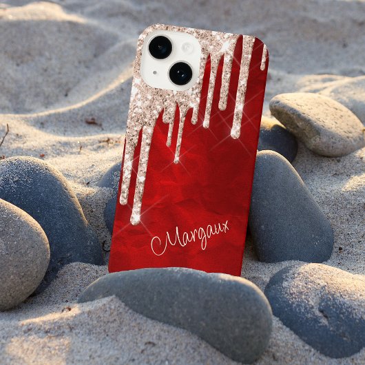 Silver Crimson Glitter Drift op Red Monogram iPhone Hoesje