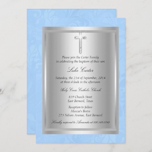 Silver Cross Blue Baptism Christening Kaart (Voorkant / Achterkant)