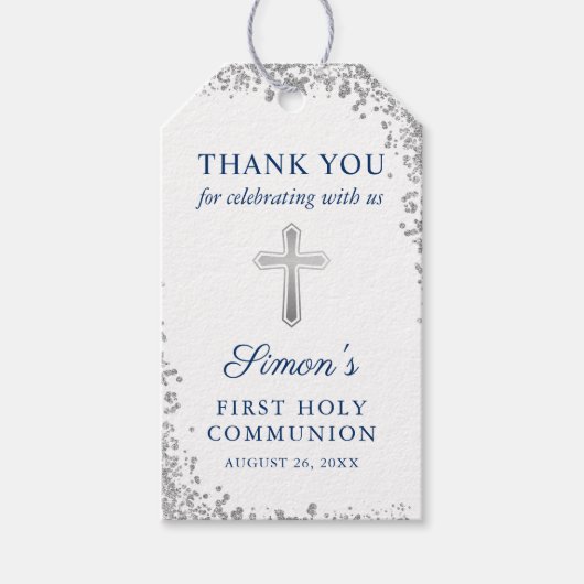 Silver Cross Glitter Navy Blue First Community Cadeaulabel (Voorkant)